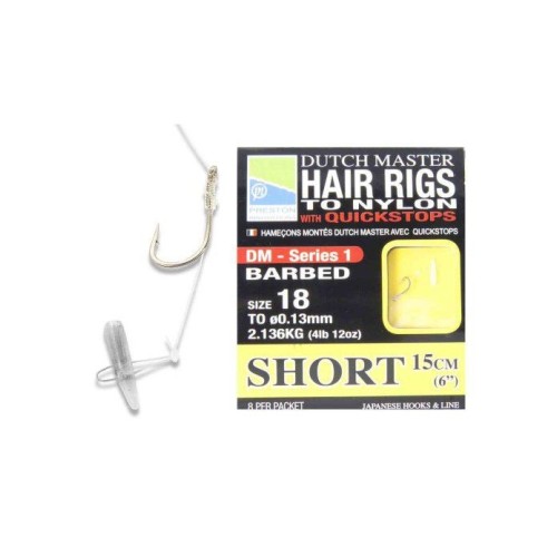 PRESTON DUTCH MASTER HAIR RIGS WITH QUICKSTOPS SHORT (15CM)BARBED 3.088kg/0.17mm SIZE 12