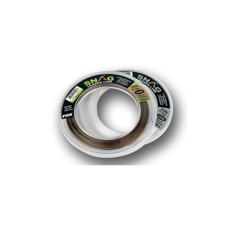 Fox snag leader Camo 0.50mm 25lbs 100mts resistente a abrasion. Fox snag leader Camo 0.50mm 25lbs 100mts resistente a abrasion.